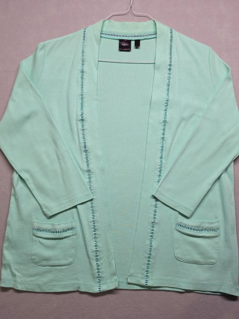 Rafaella Seafoam Mint Green Open Front Cardigan Crochet Trim Pocket Large